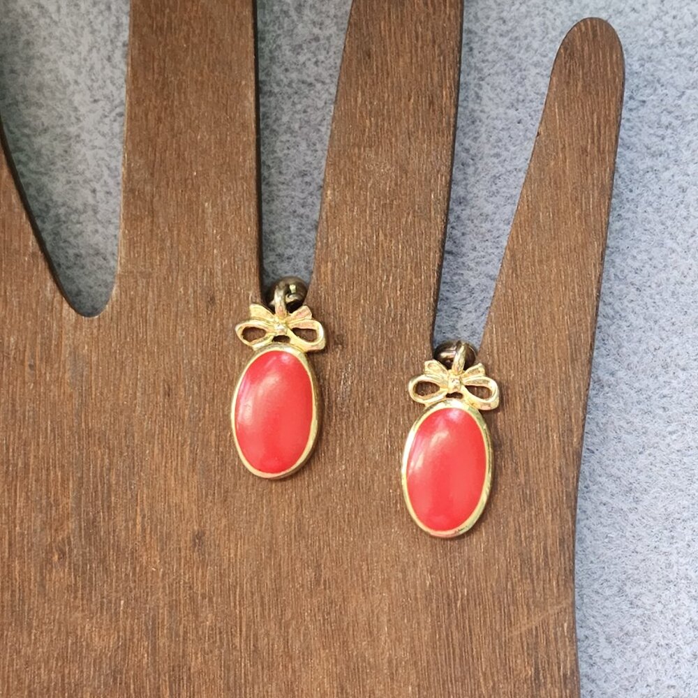Vintage Gold Bow and Coral Drop Earrings-JS in a Circle Makers Mark-Hallmarked